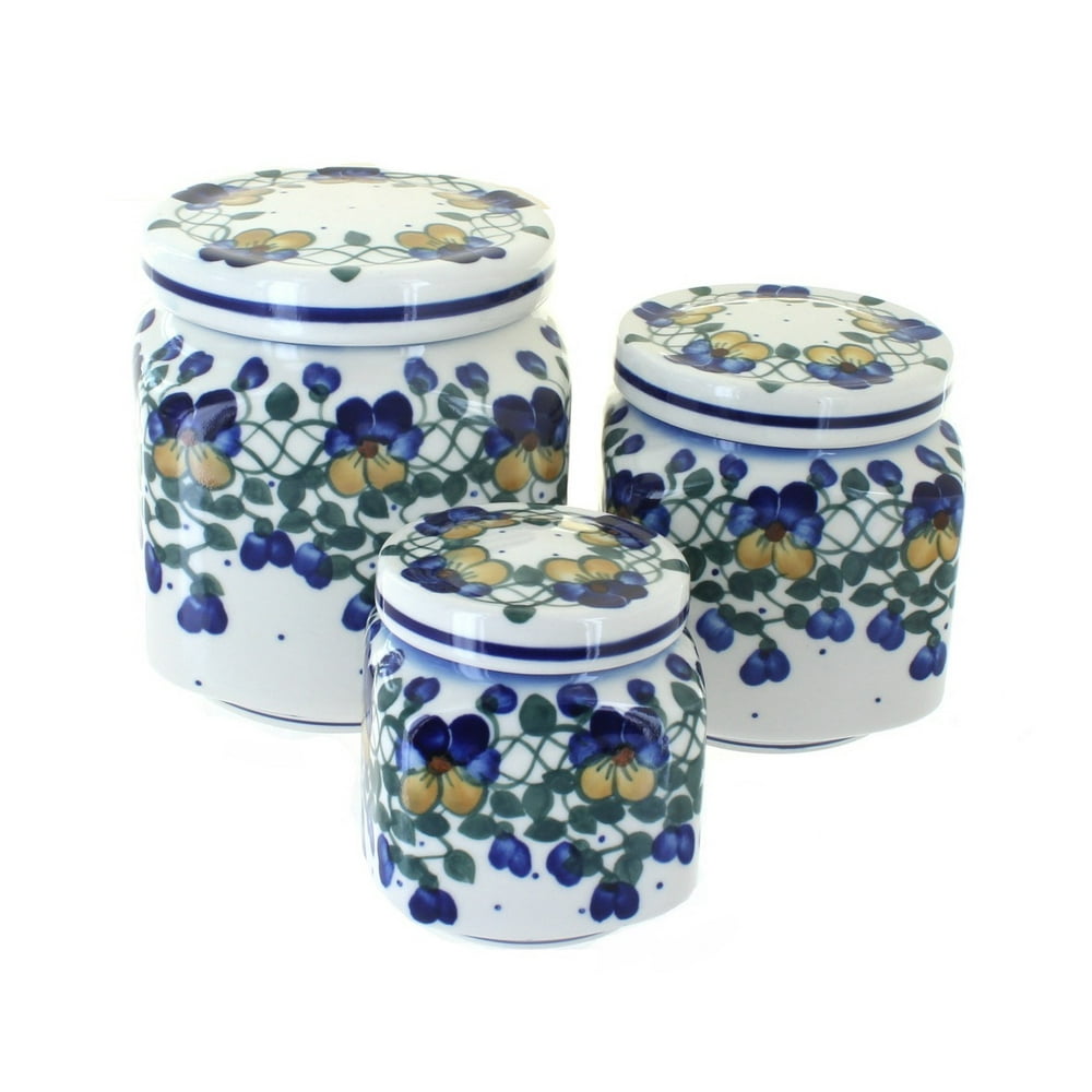Blue Rose Polish Pottery Pansies 3 Piece Canister Set