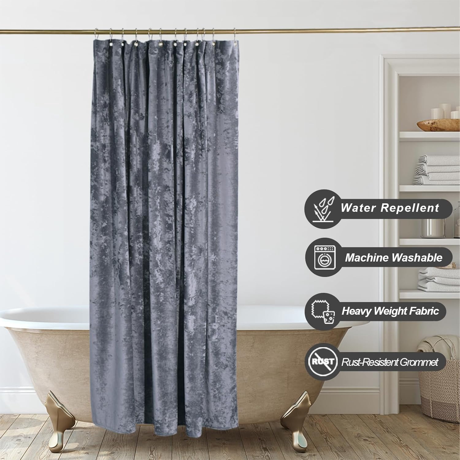 Crushed Velvet Shower Curtain, Grey Shower Curtain for Bathroom, Luxury Shower Curtain Set with 12pc Gold Hooks, Thick Fabric Waterproof 72x72”