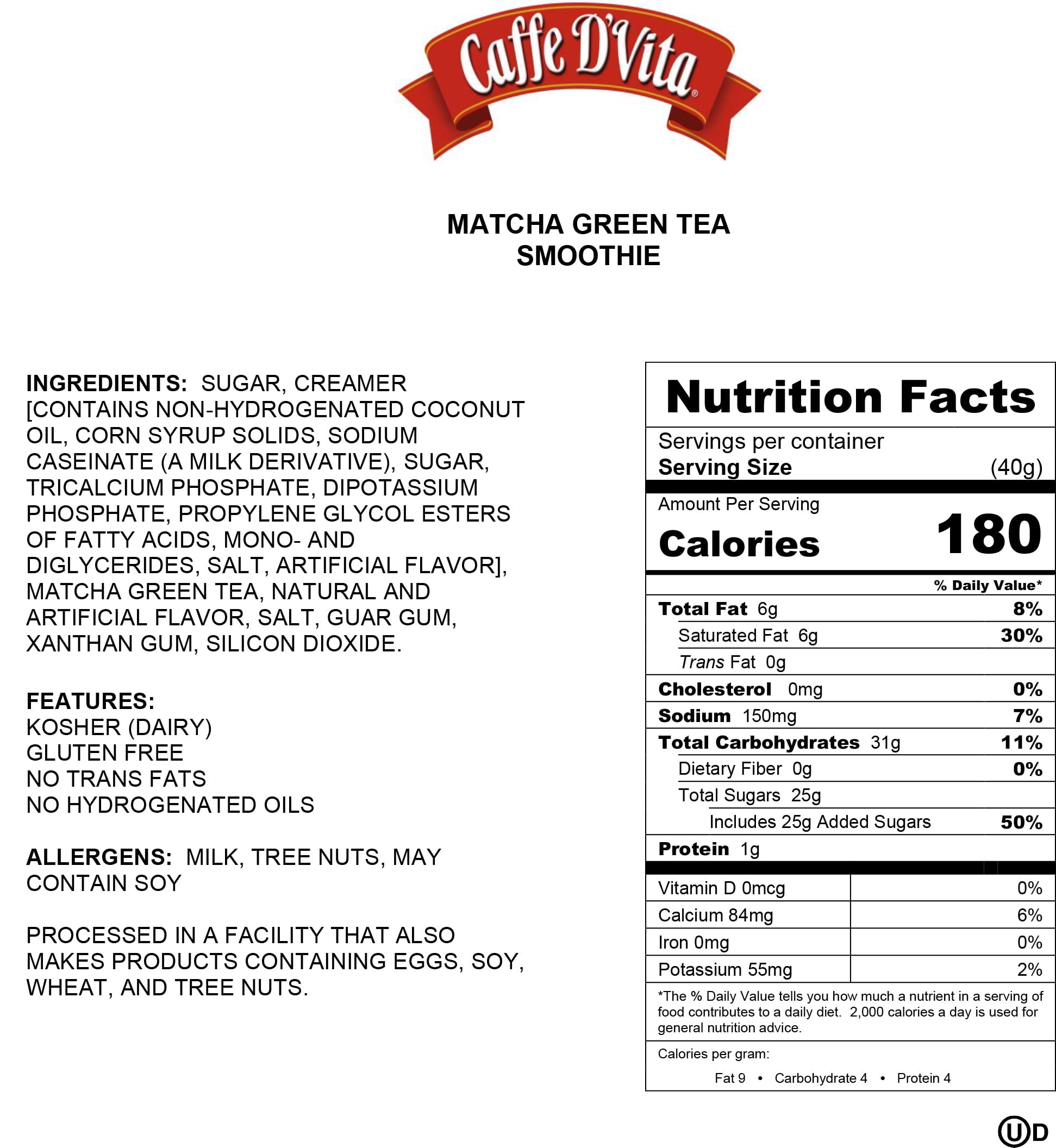 Caffe D'Vita Green Tea Matcha Drink Mix, 2 lb/ 32 oz Canisters in a 4 Pack