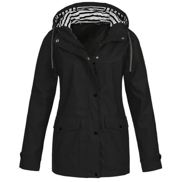 PEZHADA Fall Savings Womens Waterproof Rain Jacket,Windbreaker Travel Jacket,Women Solid Rain Jacket Outdoor Plus Size Hooded Raincoat Windproof Black