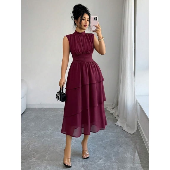 Maroon Womens Elegant Sleeveless High Neck Chiffon Maxi Dress With Tiered Ruffle Hem And Waist Gathering