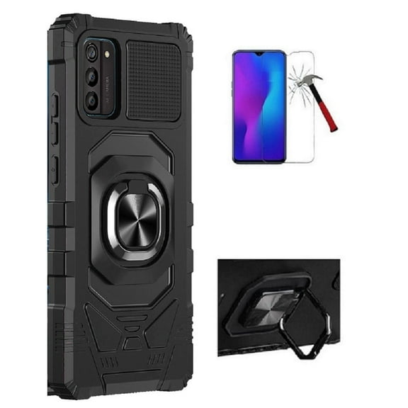 Tommulti Compatible Case for Straight Talk Nokia G100/ TracFone Nokia G100, Ring Stand Hybrid Case Cover   Tempered Glass (Black)