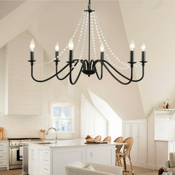 LovingAHome 6 Light Farmhouse Chandelier Candle Stick Chandeliers Crystal Modern Black Pendant Light for Kitchen Island Industrial Iron Chandelier for Living Room Foyer Dining