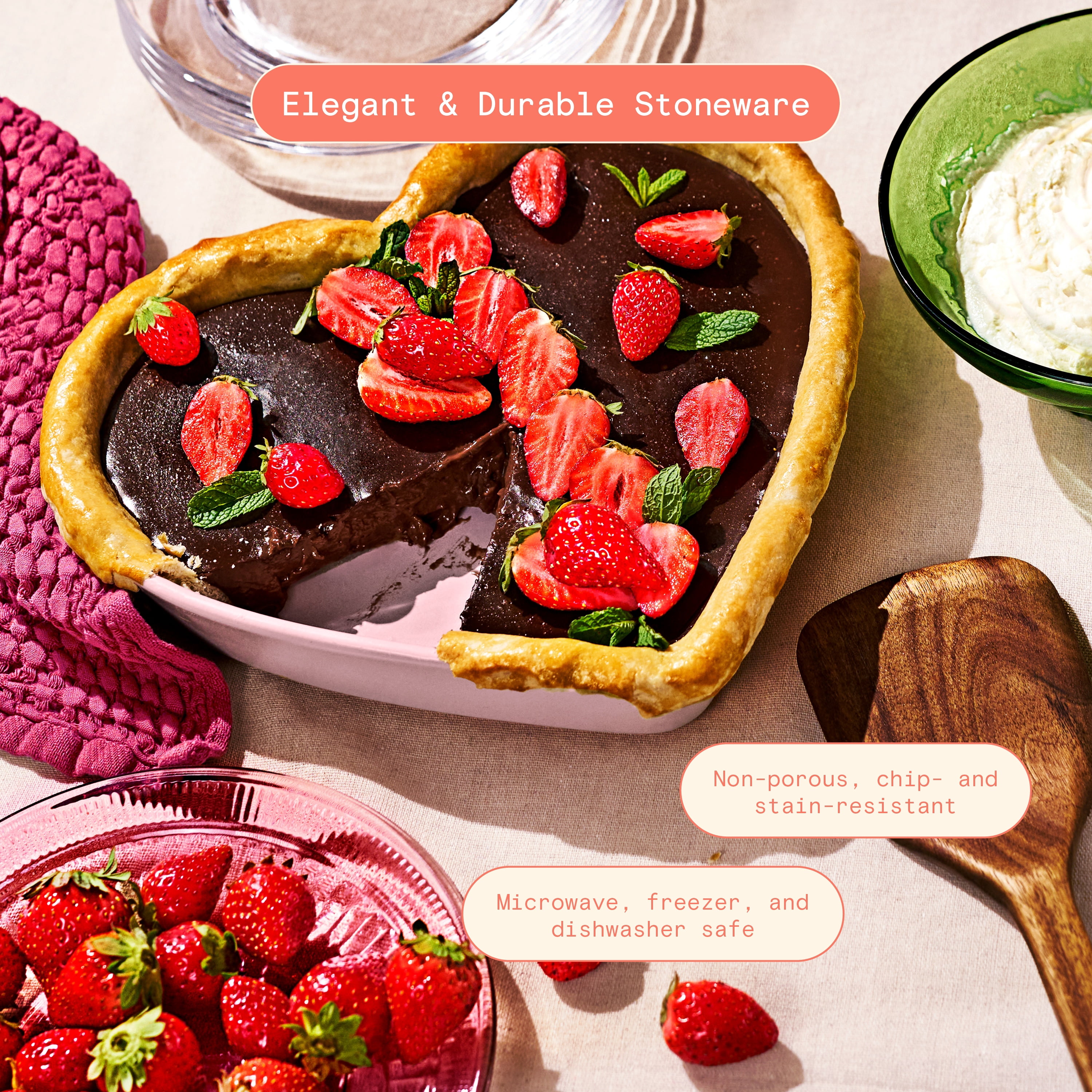 Beautiful by Drew Barrymore 10 in Heart-Shaped Stoneware Baking Dish, Pink Champagne