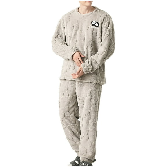 Men's Coral Fleece Pajamas Sets, Winter Pullover Thicke Warm Soft Plush Long Sleeve Sleepwear 2 Piece Lounge Outfits