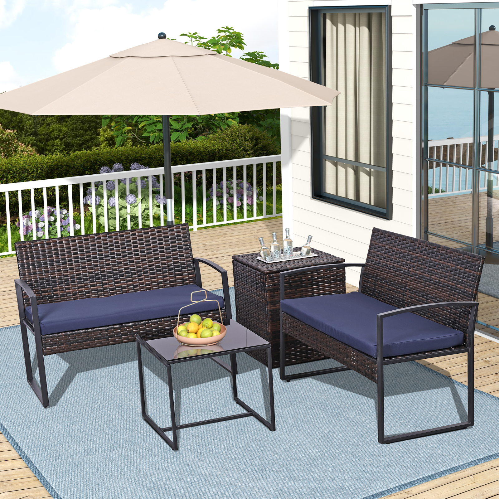 FHFO 4 Piece Outdoor Patio Furniture Set,Wicker Conversation Sets Patio Sofa Couch with Built-in Beverage Cooler Storage Box & Coffee Table for Outside, Garden, Balcony, Porch,Brown/Blue