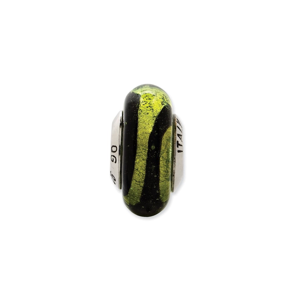 Fancy Bead White Sterling Silver Glass 13.64 mm 7.27 Reflections Lime Black Stripes Italian Murano Bead