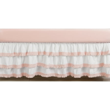 UPC: 0846480091257 | Boho Fringe White and Pink 3-Tiered Dust Ruffle Crib Skirt by Sweet Jojo Designs