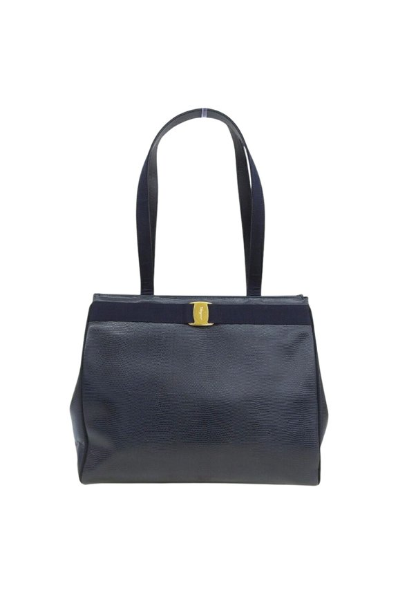 Pre-Owned Salvatore Ferragamo Vara Ribbon Tote Bag BK-21 2530 in Navy Leather (Good)