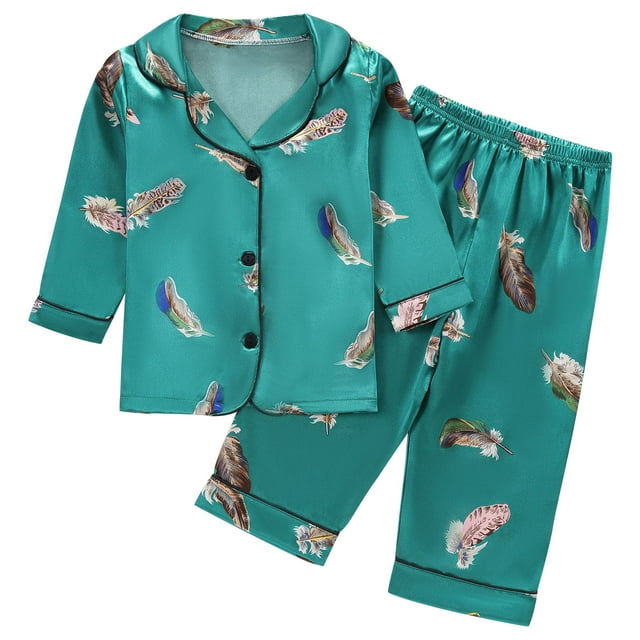 Odeerbi 1-8 Años Niños Niñas Pijamas de Raso Solapa de Muesca Camisa de Manga Larga Conjunto de Dos Piezas de Pijama Suave Estampado Floral
