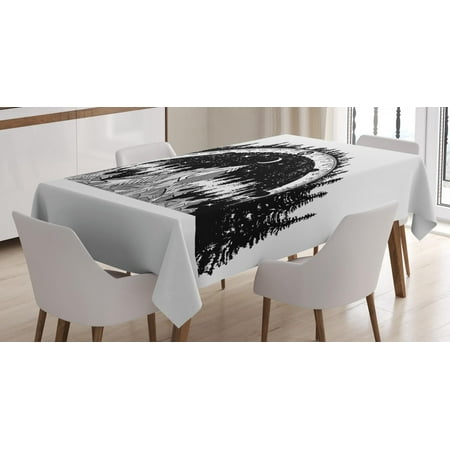 Northwood Carnival Glass Patterns - Northwoods Tablecloth, Mountain and Monochrome Forest Pattern with Compass Frame Design Outdoors, Rectangular Table Cover for Dining Room Kitchen, 60 X 90 Inches, Black Coconut, by Ambesonne