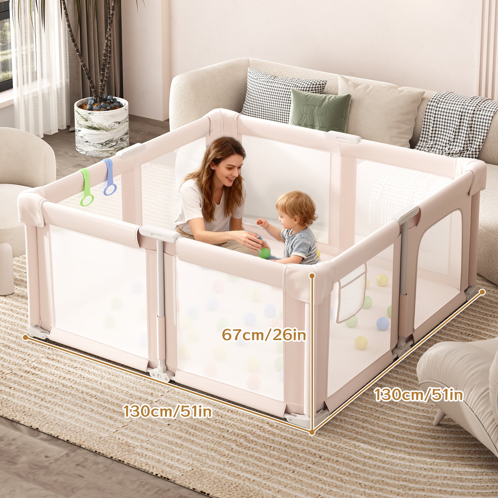 IDEALSOUL Square Baby Playpen, 51”W Baby Playards with Storage Bag, Foldable Child Play Yard with Breathable Mesh for Indoor&Outdoor, Pink