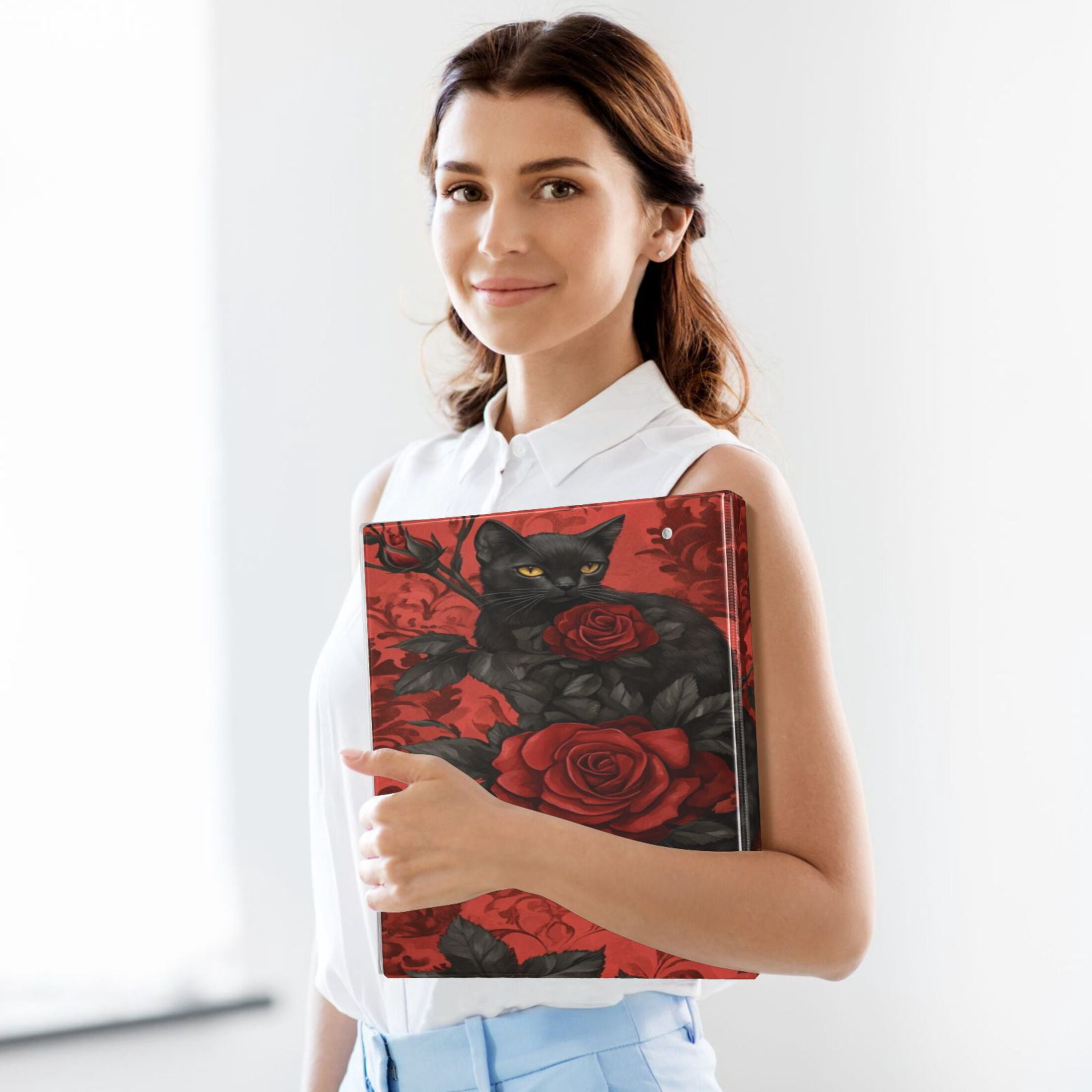 WOBOGO Gothic Roses Black Cats Pattern File Folders Extra Large Capacity to Hold 200 Sheets of Documents Hard Shell Ring Binder for School Home Office