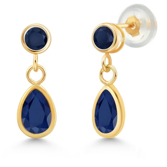 Gem Stone King 14K Yellow Gold Blue Sapphire Dangle Earrings for Women (1.30 Cttw, Gemstone September Birthstone, Pear Shape 6X4MM, Round 3MM)