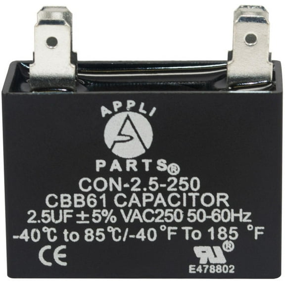 Appli Parts Fan Capacitor 2.5 mfd (microfarads) uf 250 VAC with 2 Terminal Connections compatible with any brand within the same range capacitance 1-1/2in Width 5/8in Depth 1-3/8in Height CAP-2.5-250