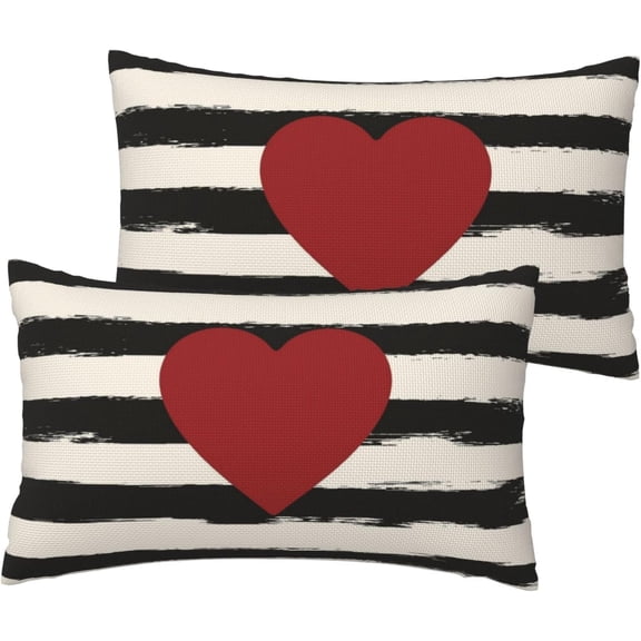 Valentine''s Day Throw Pillow Covers 12x20 Inch Set of 2, White and Black Stripe with Red Love Heart Lumbar Pillow Covers Striped Pillowcases Cushion Covers for Sofa Bedding Home Couch Decor