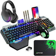 Wireless Gaming Keyboard Mouse and Bluetooth Headset Kit with 16 RGB Backlit Rechargeable Battery Metal Mechanical