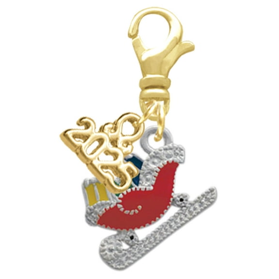 Delight Jewelry Silver-tone Red Christmas Sleigh - Gold-tone Clip on Charm with Mini Year 2025