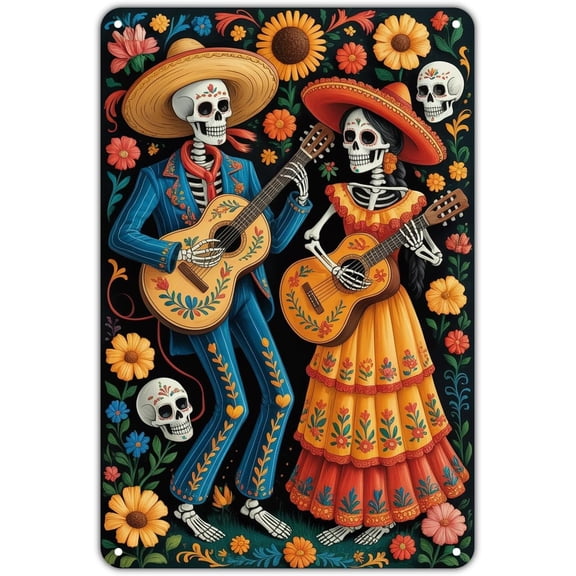 Day of the Dead Skeleton Couple Vintage Sugar Skull Metal Tin Sign, Wall Decor for Garden, Yard, Bar, Porch, Home, Bedroom, Kitchen, 8 x 12 Inch