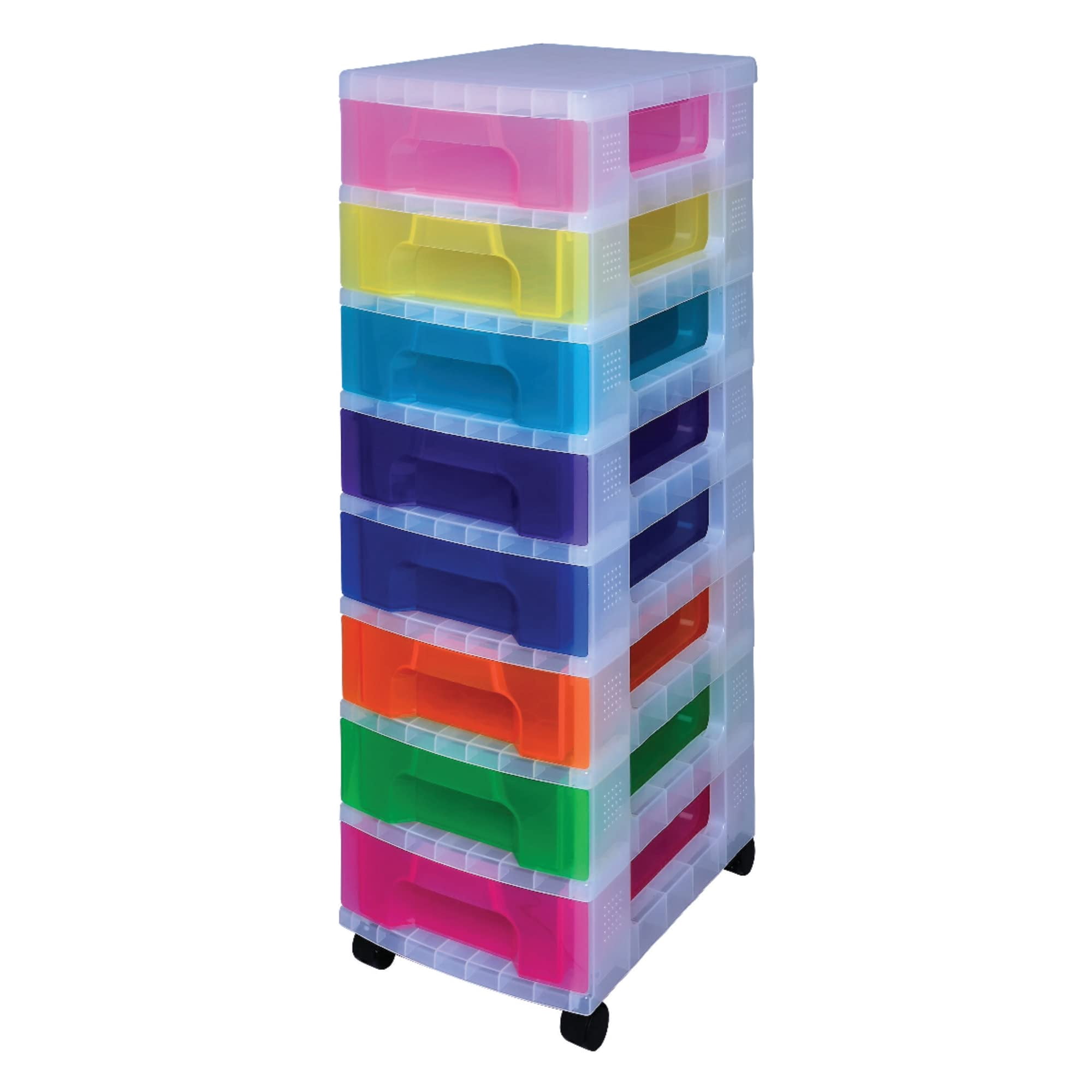 Really Useful Box® Plastic 8-Drawer Storage Tower, 7 Liters, 36 1/2" x 15 3/4" x 12", Clear/Rainbow