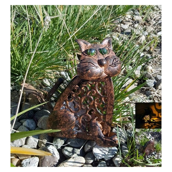 A-FFORDABLE Outdoor Garden Yard Landscape Decorations Cat Lamp 3D Christmas Yard Feline Metal Figures Solar Power Amber LED Light