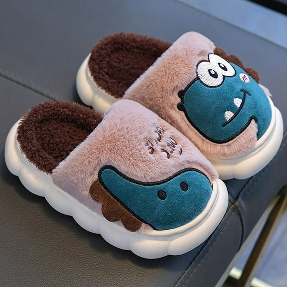 Boys Girls Cozy Soft Winter Slippers Warm Plush Winter Cotton Slipper Kids Cute Dinosaur Indoor Shoes Non-