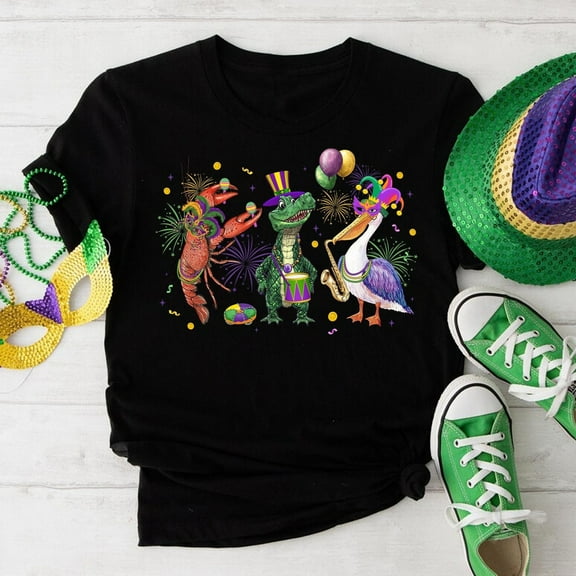 Tee Clo Mardi Gras T-Shirt Crocodile Crawfish Pelican Festival Celebration Tee, Full Size S-5XL
