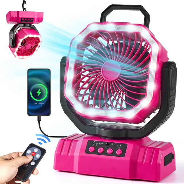 Ventilador de camping portátil Odoland con linterna LED de 20000 mAh, color rosa