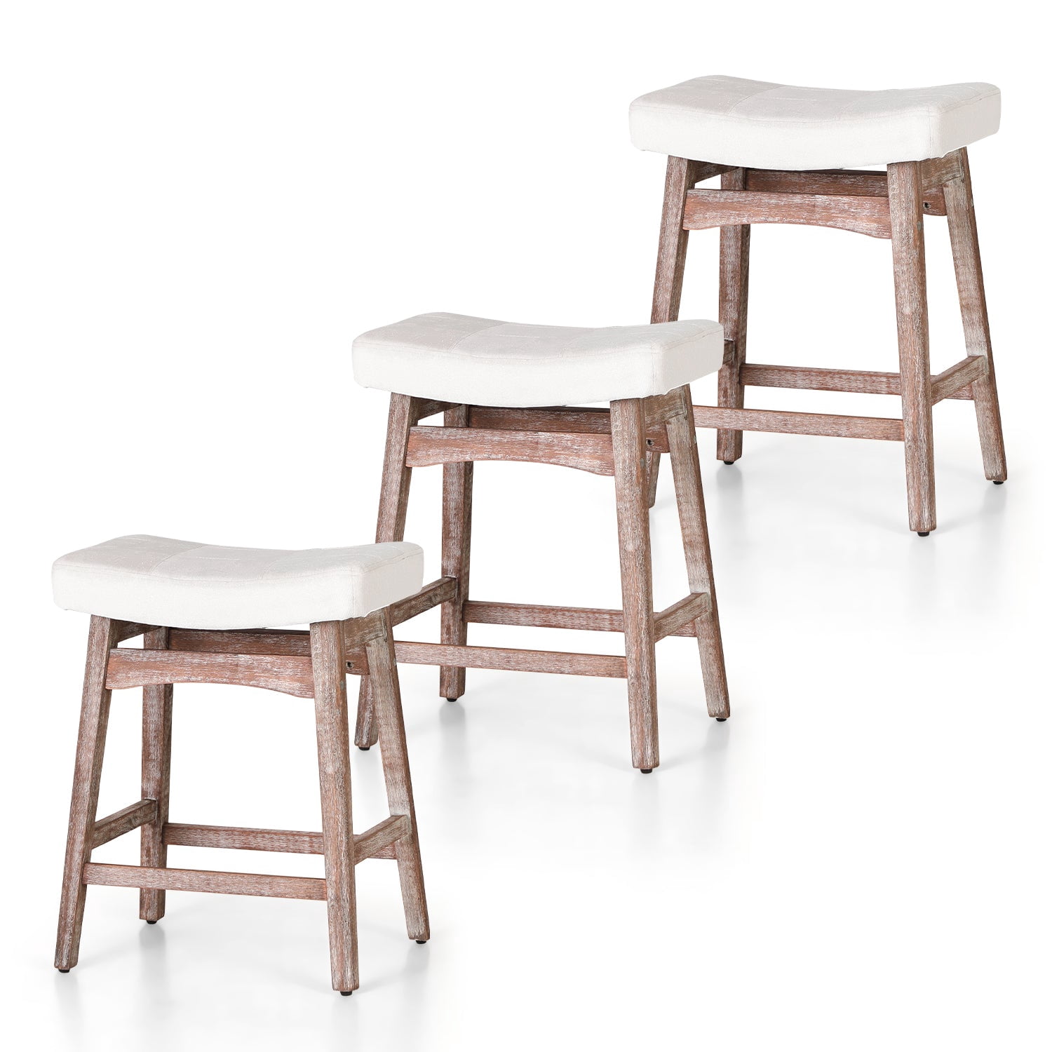 Summit Living 24 inch Wooden Backless Counter Height Bar Stools Set of 3, Linen Saddle Stools Chairs for Kitchen, White