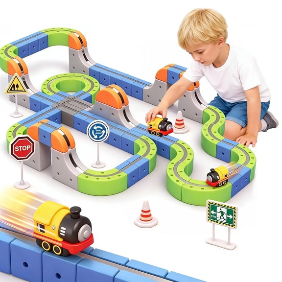 SaveJoy Magnetic Car Toys, 126PCS DIY Race Car Track Building Kit with Electric Train & Traffic Signs,Educational Flexible Tracks Birthday for 3-8