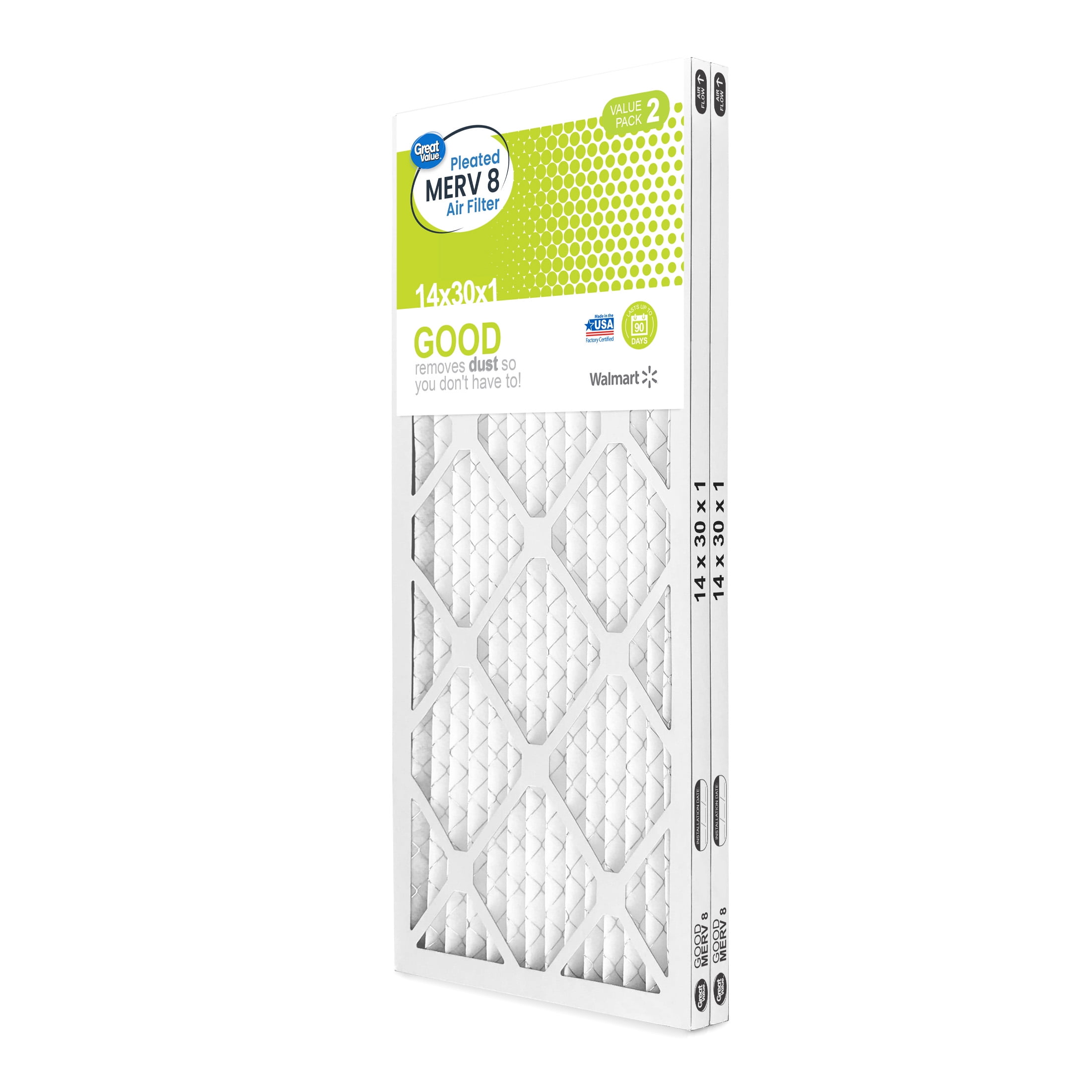 Great Value, 14x30x1, MERV 8 GOOD HVAC Air and Furnace Filter, Captures Dust, 2 Filters