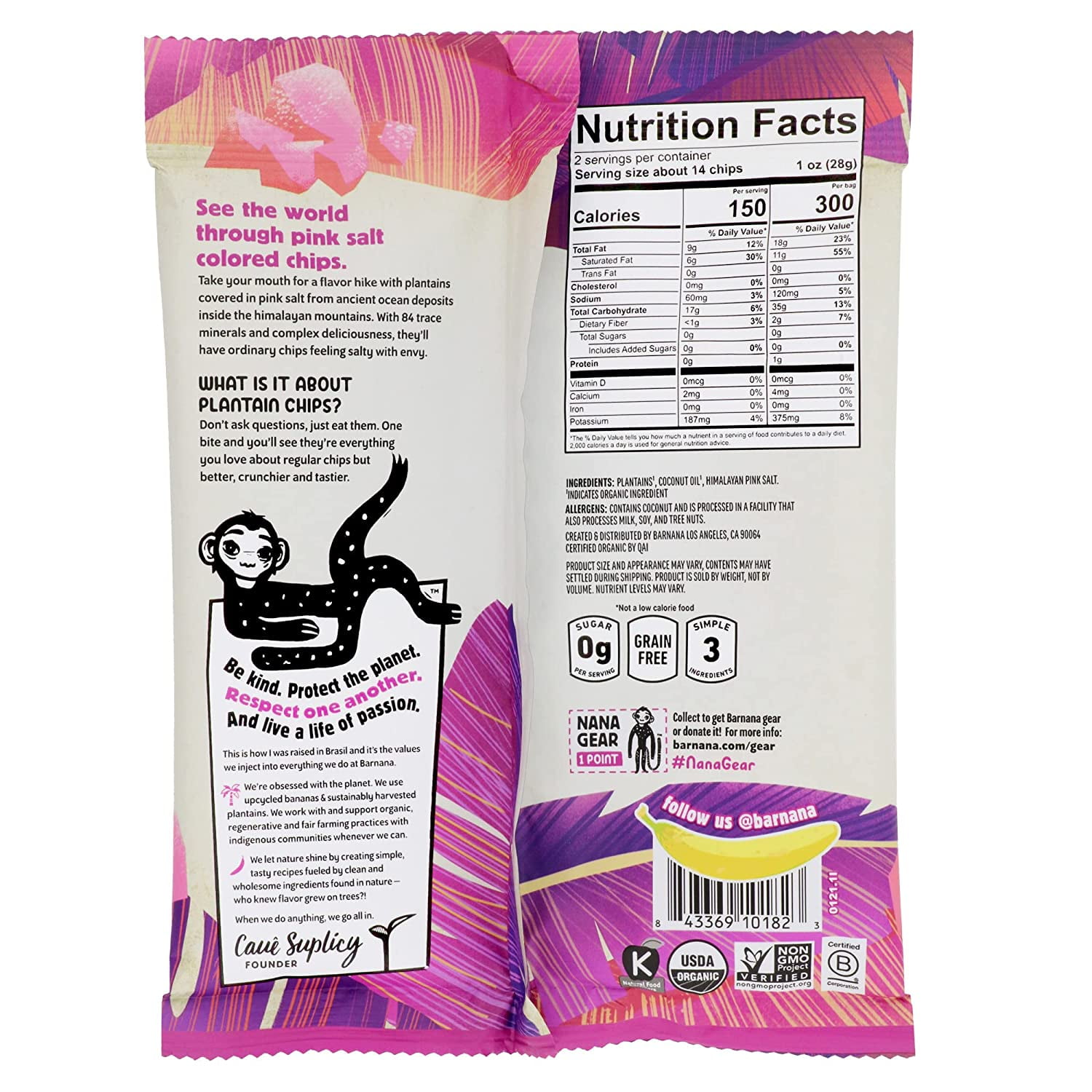 Organic Plantain Chips, Himalayan Pink Salt, USDA Organic, Vegan (6 Pack), Barnana