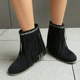 thumbnail image 4 of Leozcaa Cowboy Ankle Boots Women Tassel Western Booties Chunky Heel Suede Fringe Slip On Short Boots, 4 of 9