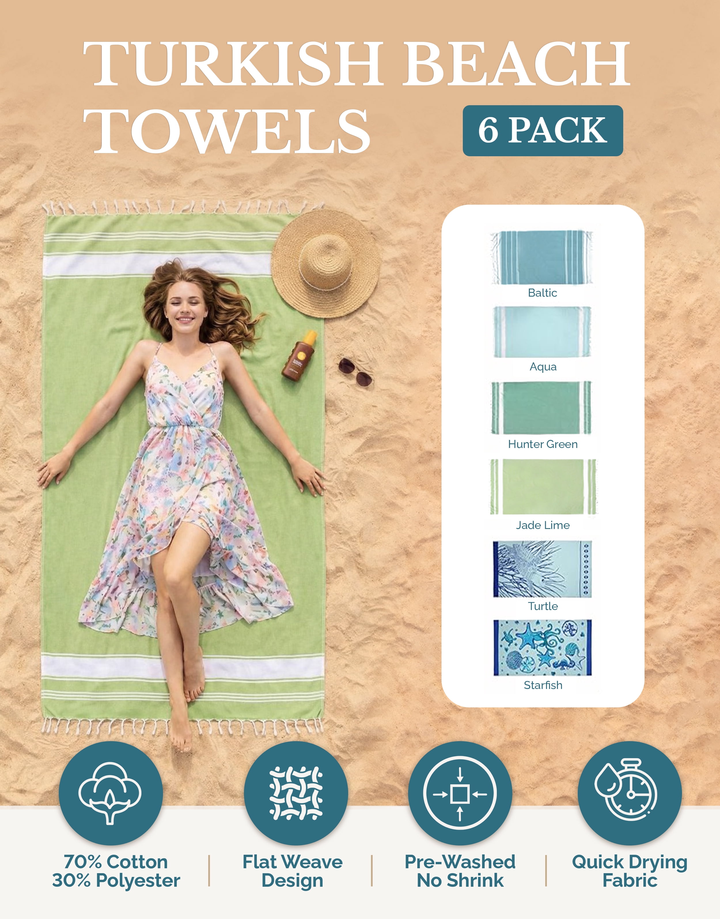 Casa Platino Hammam Beach Towels 6 Pack, Lightweight Quick Dry Cotton Oversized Beach Towels for Adults, Sand Free Travel Towels for Summer – Tropica