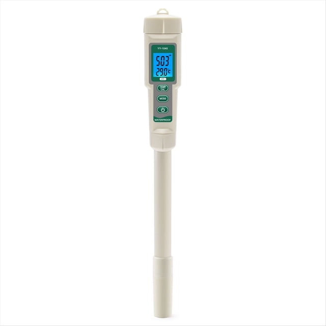 medidor hidropónico profesional 4 en 1 ph ec tds temp tester monitor sondas largas para soluciones de nutrientes, natación, acuario — Pluma frontal blanca con pantalla LCD retroiluminada y cuatro botones; sonda reemplazable extralarga para mediciones en profundidad, muestra lecturas pH, EC, TDS y temperatura; plástico, IP67 según especificaciones; portátil, apto para hidroponía, acuarios y piscinas.