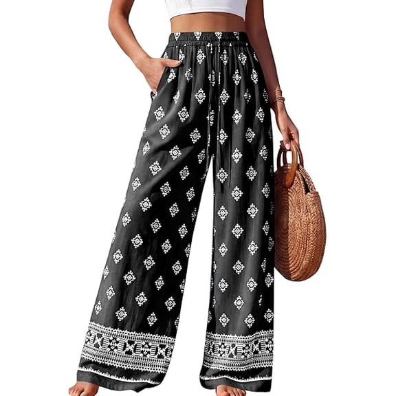 Wrongduck Womens Pants Elastic Waist Floral Lightweight Palazzo Pants for Women Casual Lounge Wide Leg Pants Woman