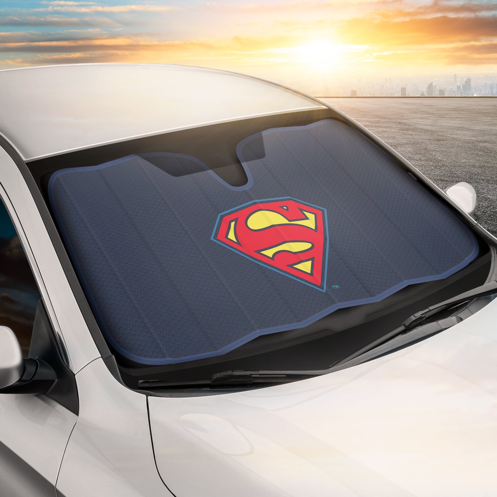 Superman Car Windshield Sun Shade Foldable Accordion, DC Comics Superhero Front Window Shade, Universal Fit 58 x 27 Inch, Keeps Vehicle Cool, Protects Interior, Fun Fan Gift Accessory Blue