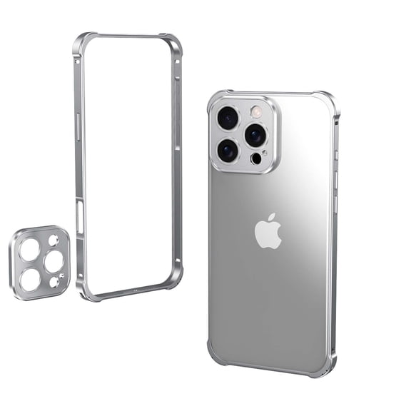 Compatible with iPhone 16 Pro Max Metal Bumper Phone Case,With Camer Lens Protector,Raised Edge Protection,Shockproof Anti-fall Protection Non-slip Rugged Frame No-Back Phone Case,Silver