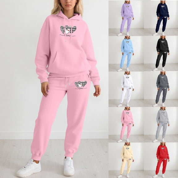 Kcolen Women Hoodie Track Suits 2 Piece Sets Valentines' Day Outfits Love Heart Graphic Hooded Sweatshirt with Jogger Sweatpants Set Casual Jogging Sweatsuit Pink