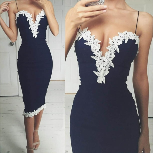 Fashion Women Bodycon Strappy V Neck Navy Blue Floral Lace Evening Cocktail  Party Pencil Short Dress 