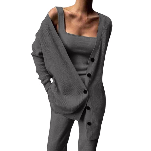 Traje de tres piezas de punto para mujer con chaqueta y pantalón - Mezcla de poliéster y spandex, corte holgado para primavera/otoño (S-XXL)