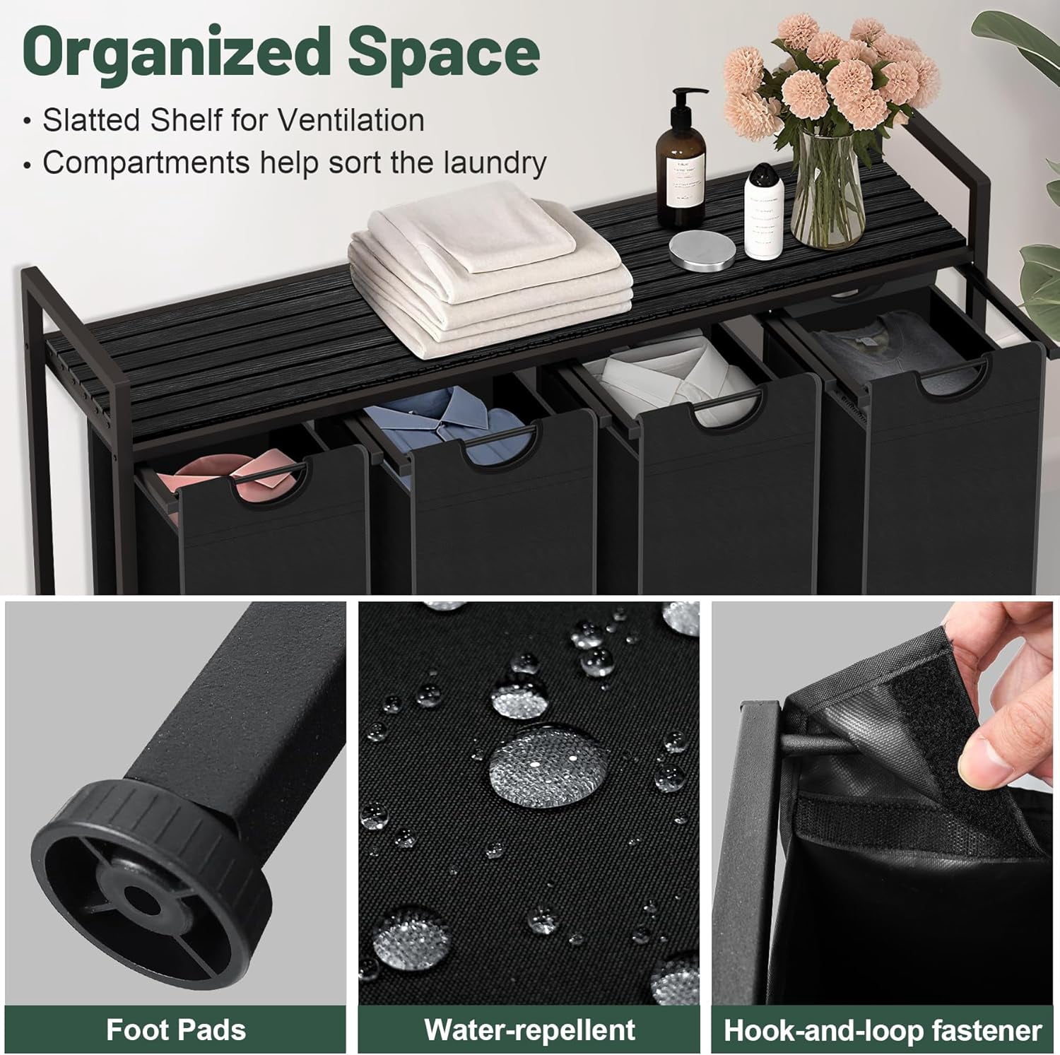 Laundry Hamper, Laundry Sorter with 4 Pull-Out Removable Oxford Fabric Bags Cloth Laundry Basket 4 x 10 Gallons (Charcoal Black)