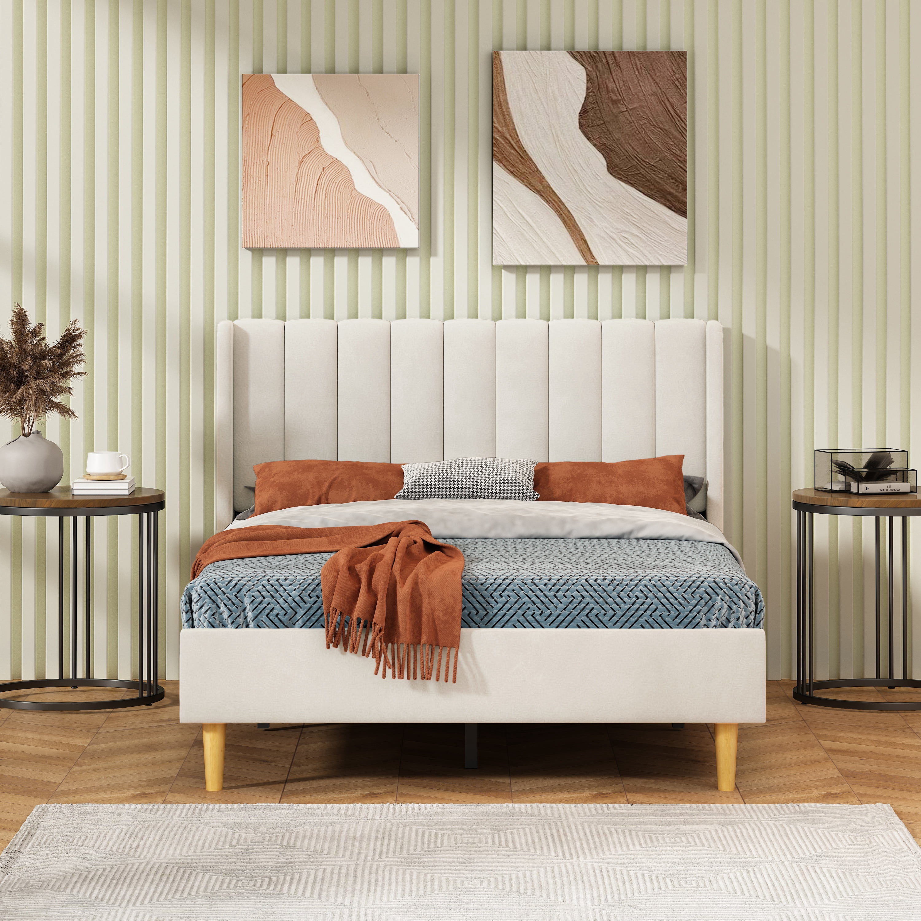 Full Size Upholstered Bed Frame,40.9" High Headboard,Strong Metal Frame,Wooden Slats Support,No Box Spring Needed,Easy Assembly,Velvet Fabric,Cream
