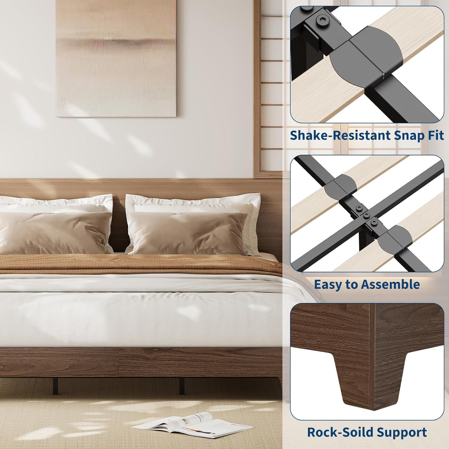 Queen Size Platform Bed Frame, Minimalist Wood Bed Frame No Headboard Needed, Sturdy Low Profile Bed with Natural Wood Grain, Noise-Free & Easy Assembly