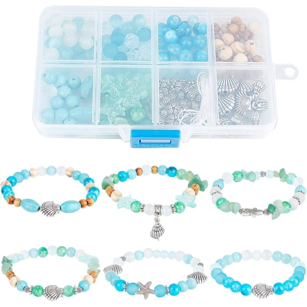 1 caja con 6 juegos de pulseras oceánicas para hacer pulseras hawaianas de verano, tobilleras con cuentas de animales marinos, cuentas de vidrio azul y conchas marinas.