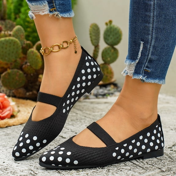 Polka Dot Mary Jane Flats, Elastic Strap Slip-On Shoes, Women's Polka Dots Mesh Ballet Flats Bowknot Pointed Toe Ballerina Flats Closed Toe Comfortable Casual Work Shoes, Black 5.5