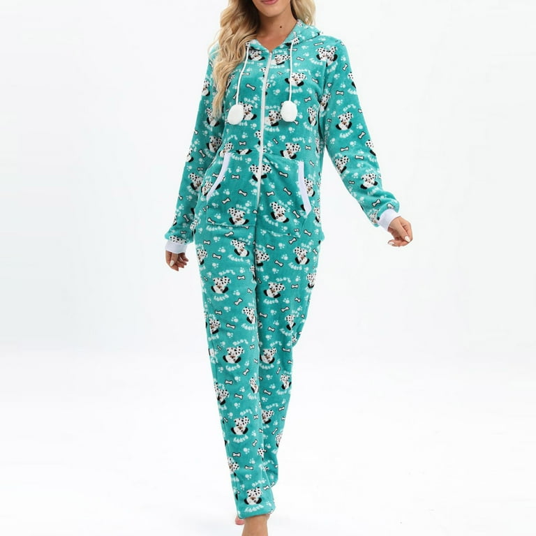 Women Soft Flannel Sleepwear Onesie Pajamas Warm Holiday Hooded Jumpsuit  Zip Front Polar Puppy Print