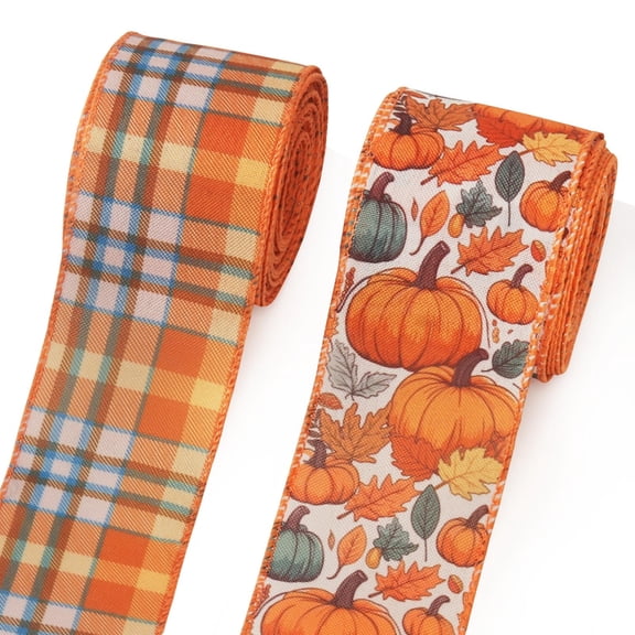 Hying 2 Rolls 20Yds Fall Pumpkins Ribbons for Bows, Thanksgiving Wired Edge Burlap Ribbon
