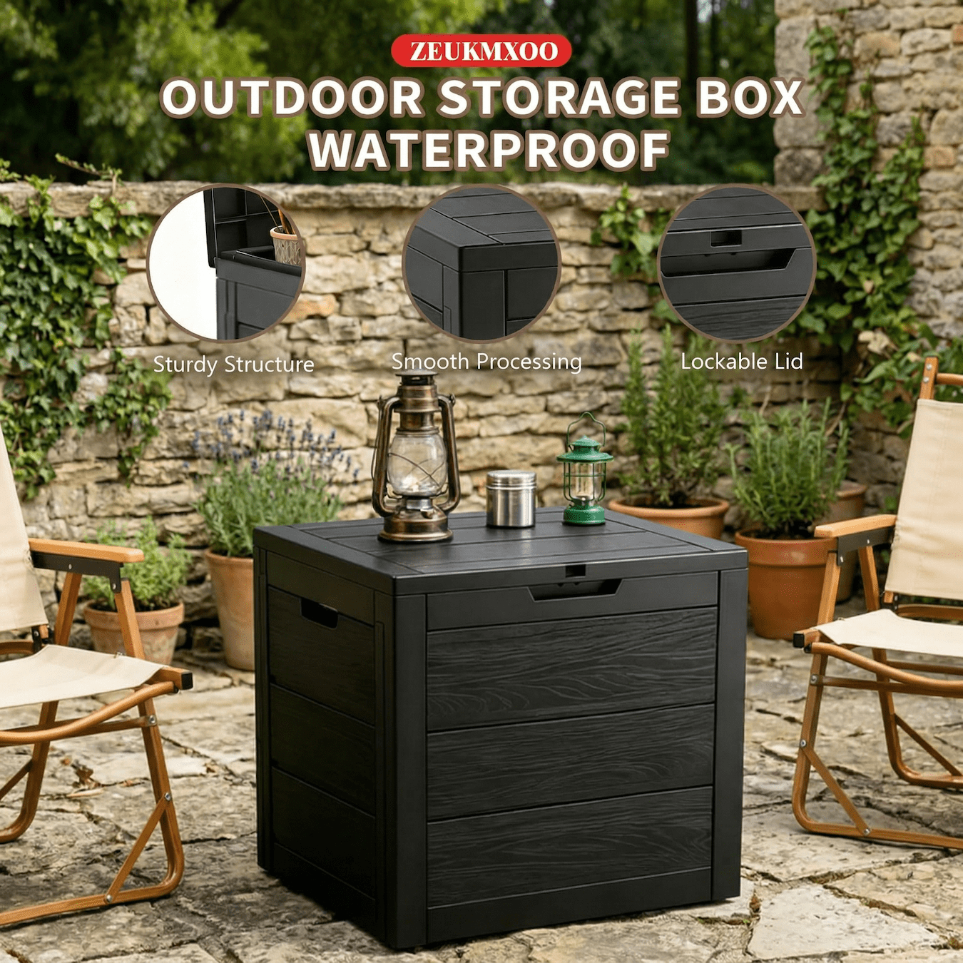35 Gallon Outdoor Storage Box, Waterproof Resin Deck Box with Lockable Lid, UV Resistant Patio Storage Box for Package Delivery, Cushions, Garden Tools, Outdoor Storage Container