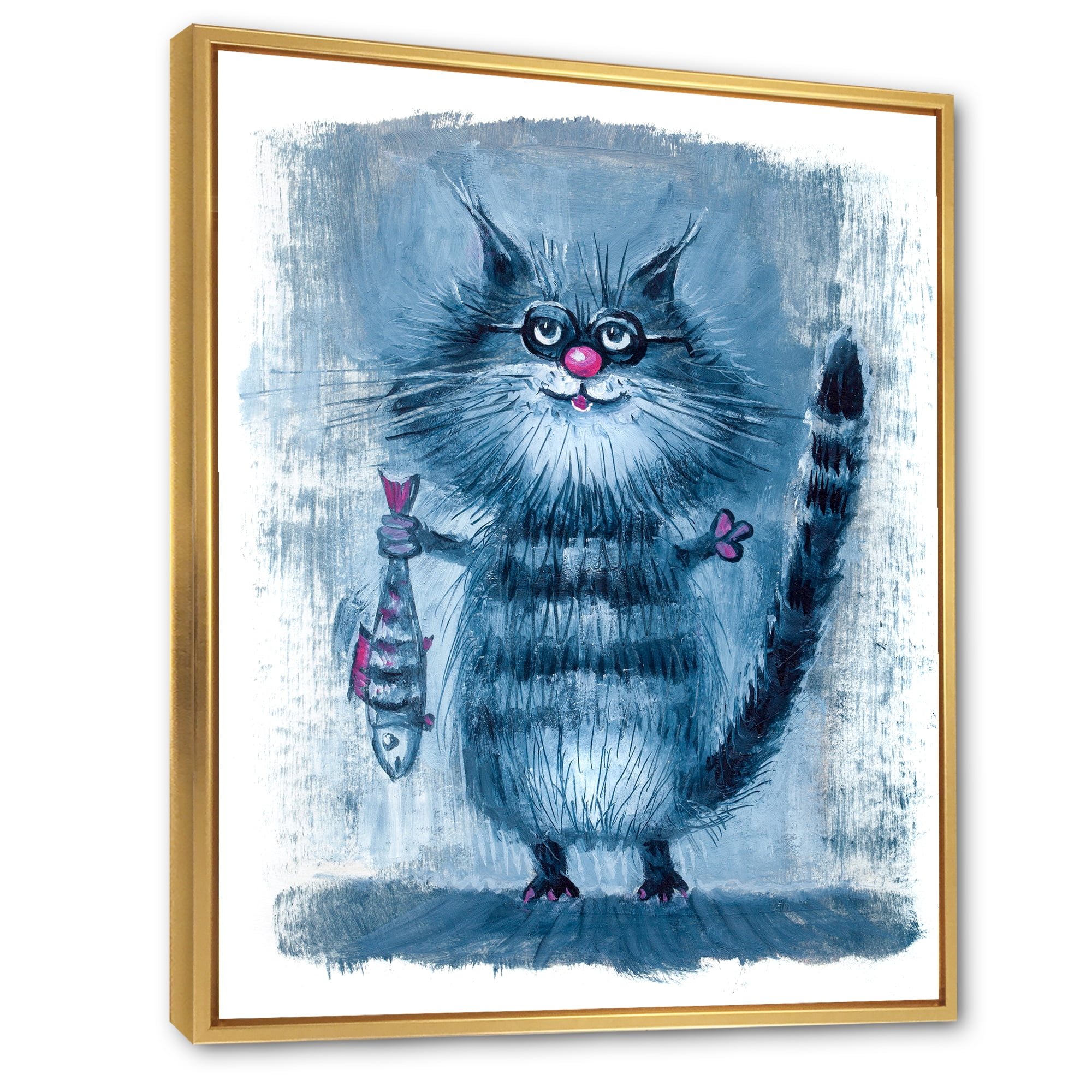 Standing Cat Holding A Fish In Its Claws 16 in x 32 in Framed Painting Canvas Art Print, by Designart